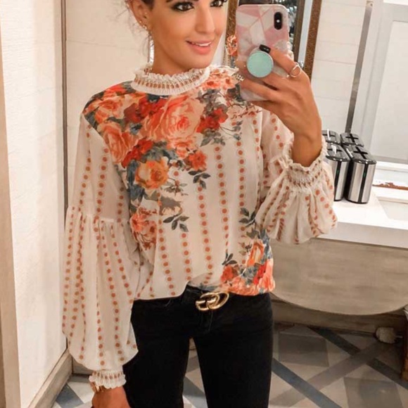 Floral Print dot Balloon Sleeve Cream Boho Blouse - Picture 2 of 13